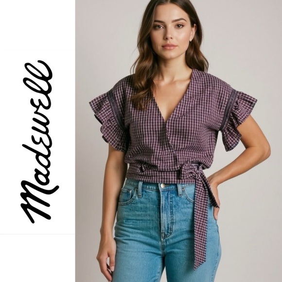 MADEWELL Flutter Sleeve Side Tie Plaid Wrap Summer Top Size Small - Picture 1 of 11